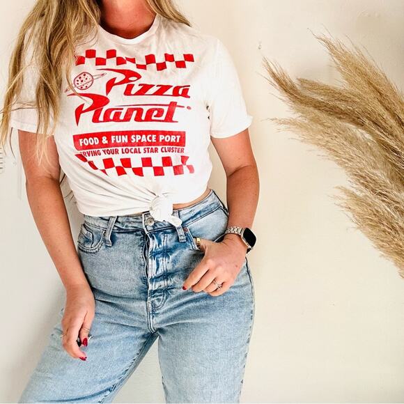 DISNEYLAND Disney White Red Toy Story Pizza Port Logo Short Sleeve Tee Shirt M - Picture 1 of 10